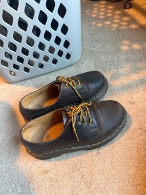 Dr. Martens Dark Brown Leather Derby Shoes with Yellow Stitching